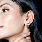 Oval Emerald and Uncut Diamond Flower Stud Earrings - Rosec Jewels