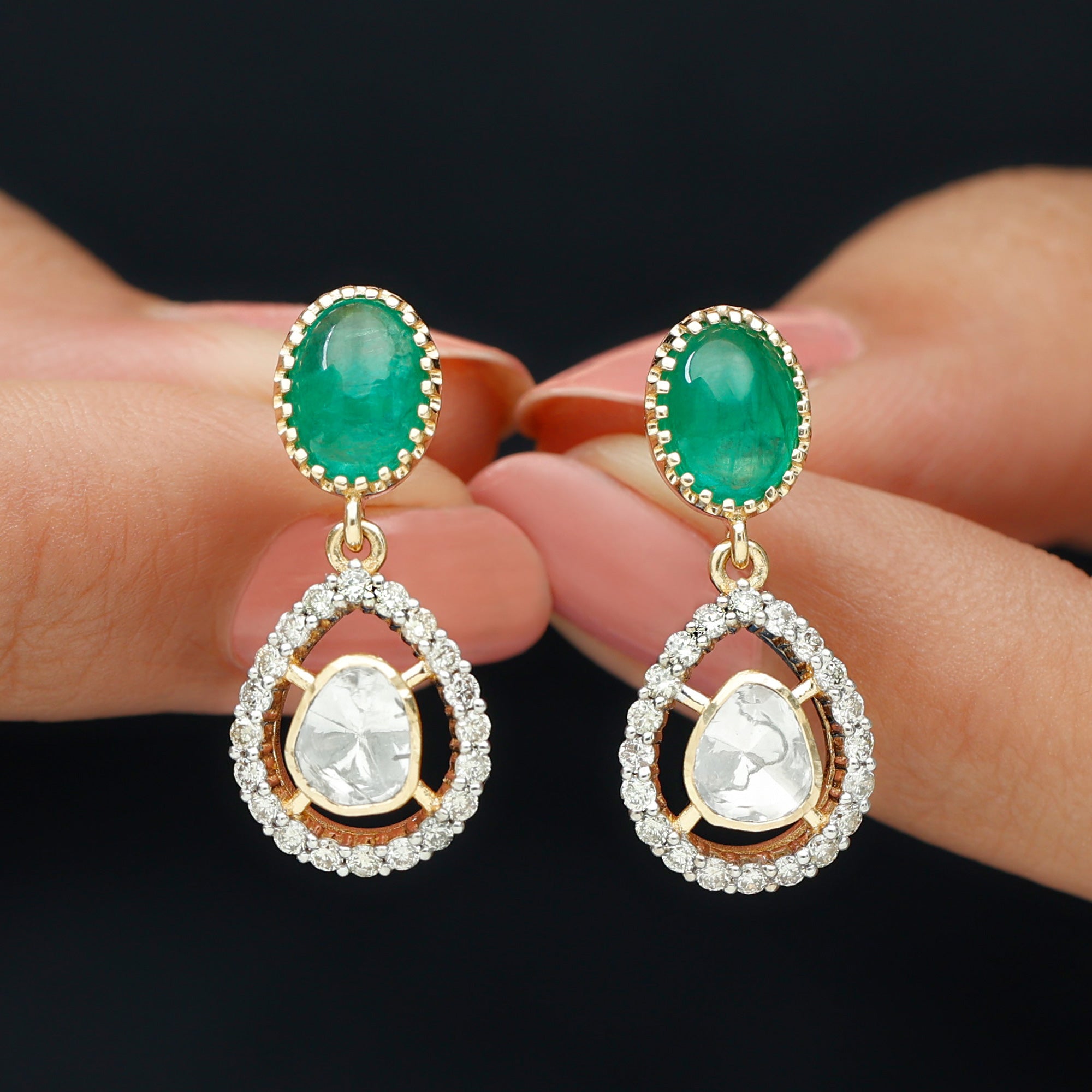 Polki Diamond Teardrop Earrings with Oval Emerald - Rosec Jewels
