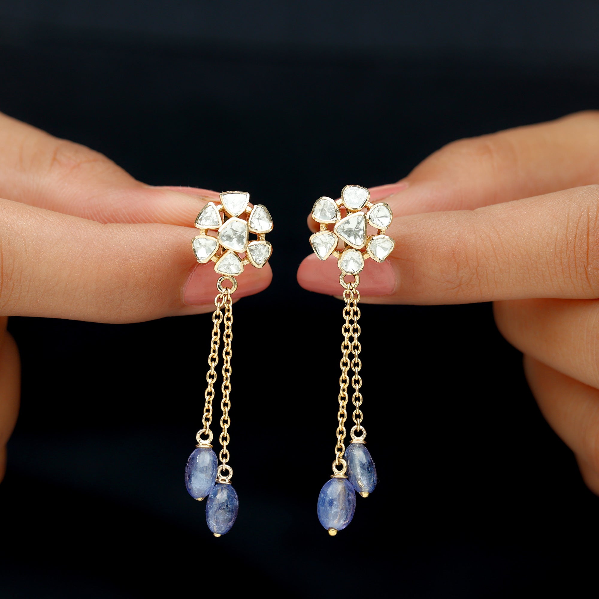 Floral Polki Diamond and Tanzanite Dangle Earrings - Rosec Jewels