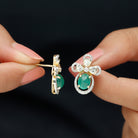 Oval Emerald and Uncut Diamond Flower Stud Earrings - Rosec Jewels