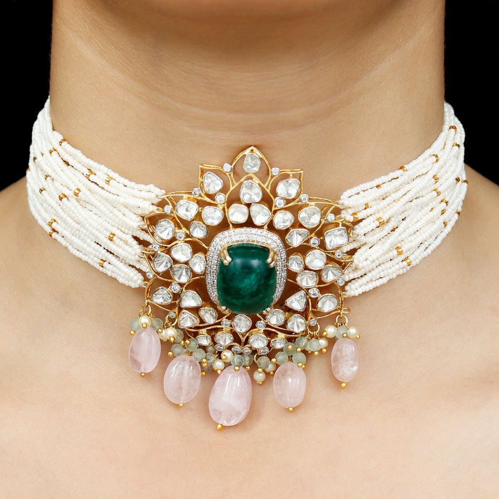 Created Emerald Flower Necklace with Polki Diamond and Morganite Accent - Rosec Jewels