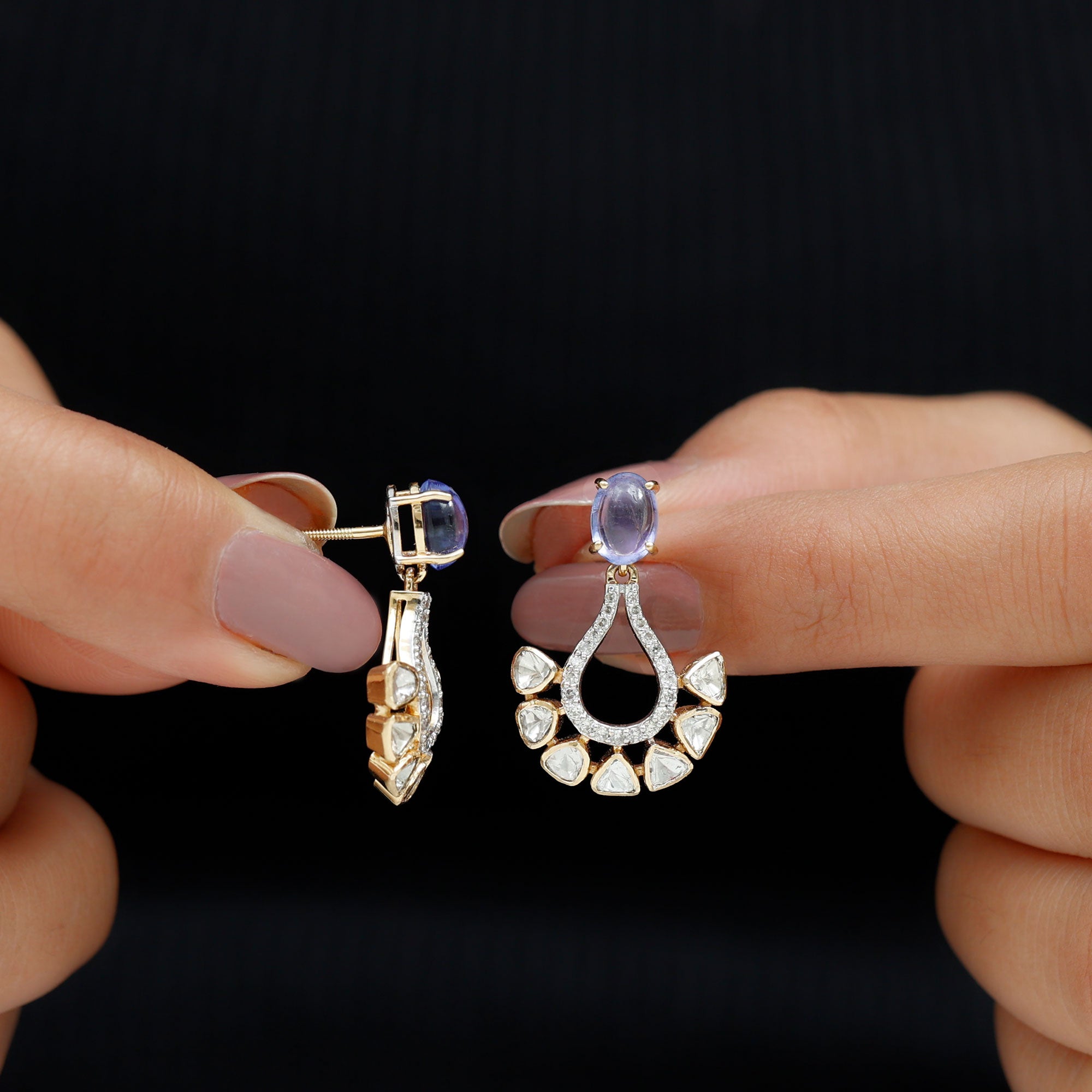 Polki Diamond and Tanzanite Teardrop Earrings in 18k Gold - Rosec Jewels