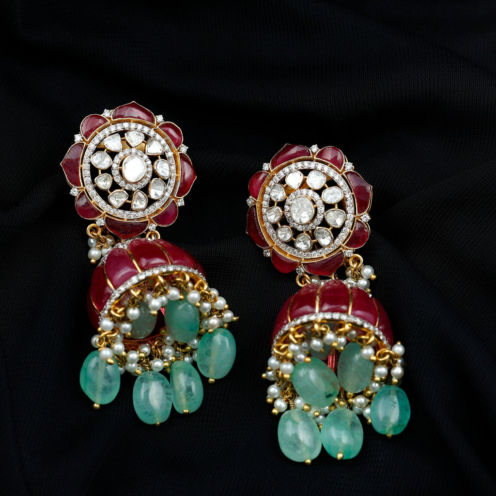 Antique Style Created Ruby Polki Diamond Traditional Indian Jhumka Earrings - Rosec Jewels