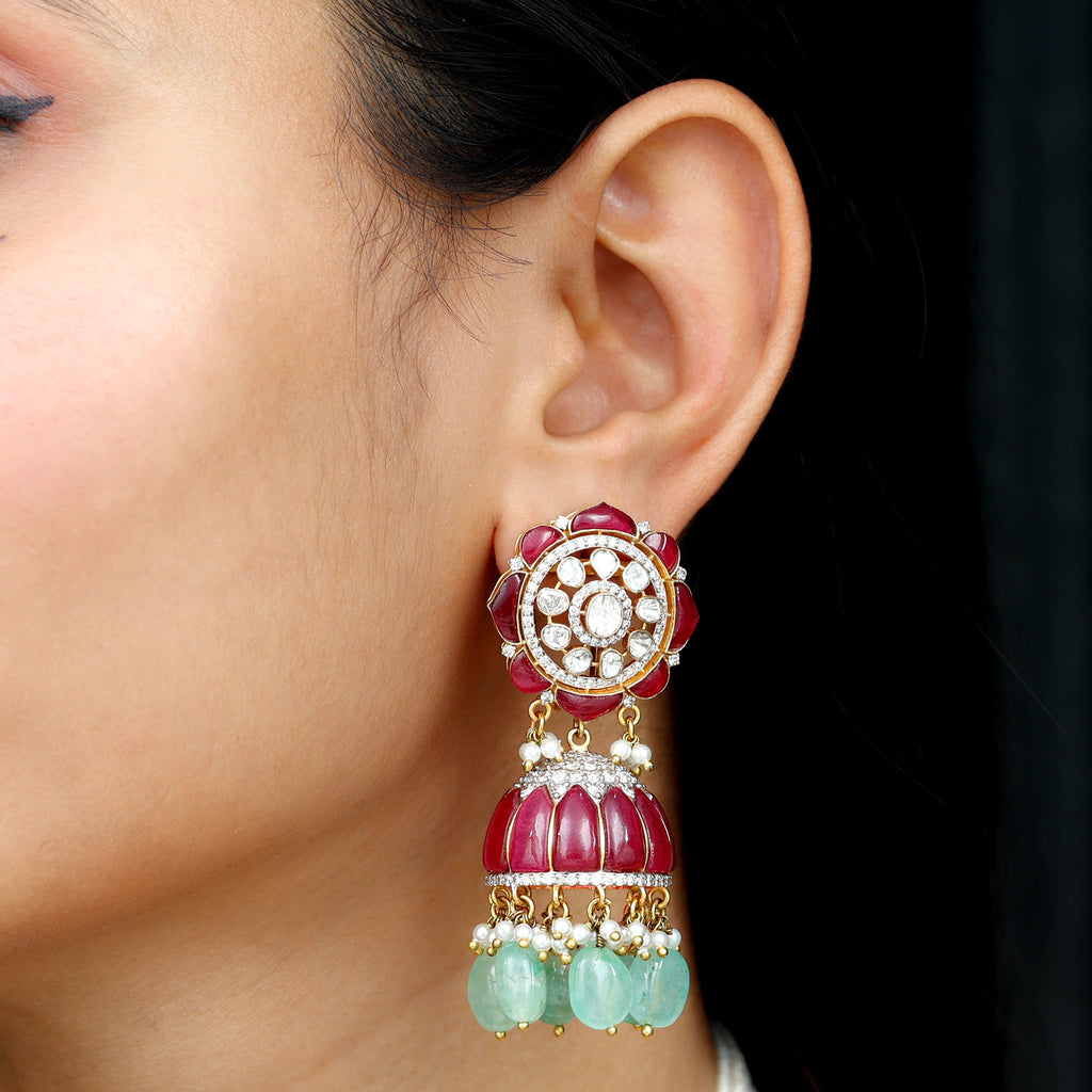 Antique Style Created Ruby Polki Diamond Traditional Indian Jhumka Earrings - Rosec Jewels