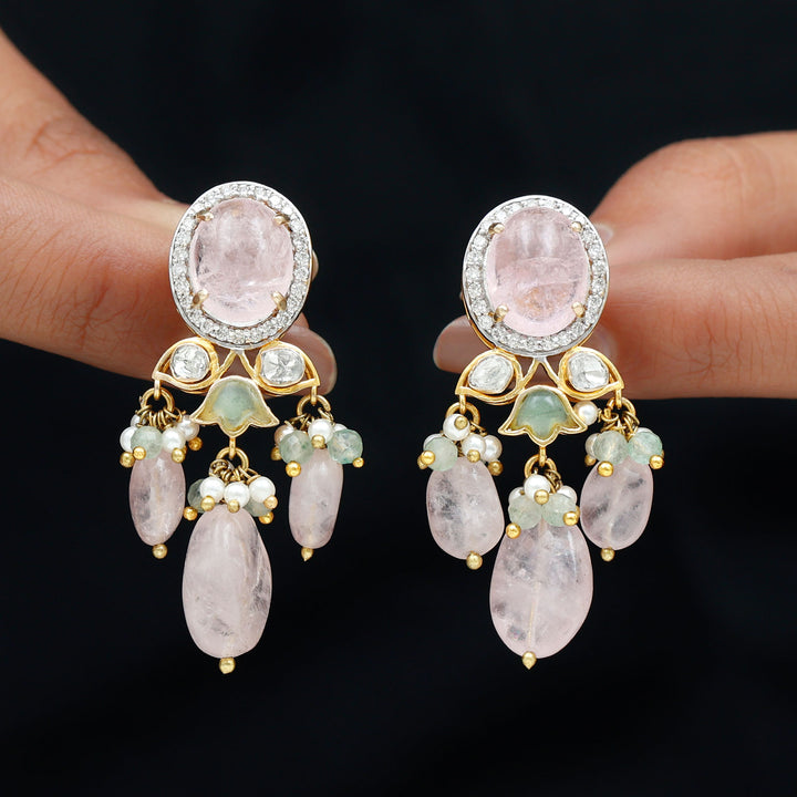 Morganite Diamond Polki Halo Dangler Earrings with Created Emerald and Pearl - Rosec Jewels