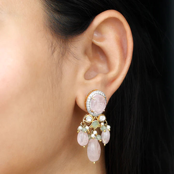 Morganite Diamond Polki Halo Dangler Earrings with Created Emerald and Pearl - Rosec Jewels