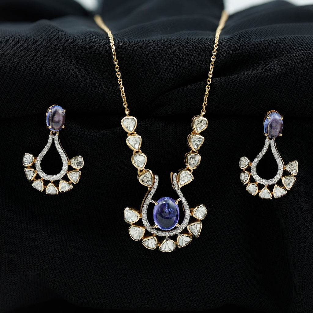 Oval Tanzanite and Polki Drop Jewelry Set with Diamond - Rosec Jewels
