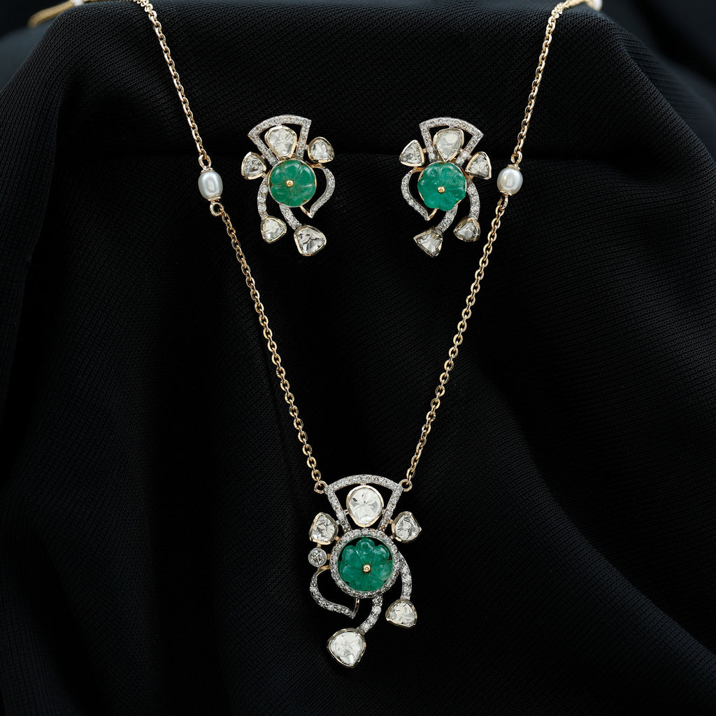 Designer Polki Diamond and Created Emerald Necklace and Earrings - Rosec Jewels