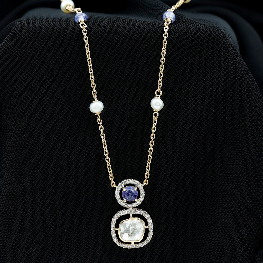 Polki Diamond and Tanzanite Dangle Necklace with Freshwater Pearl Station Chain - Rosec Jewels