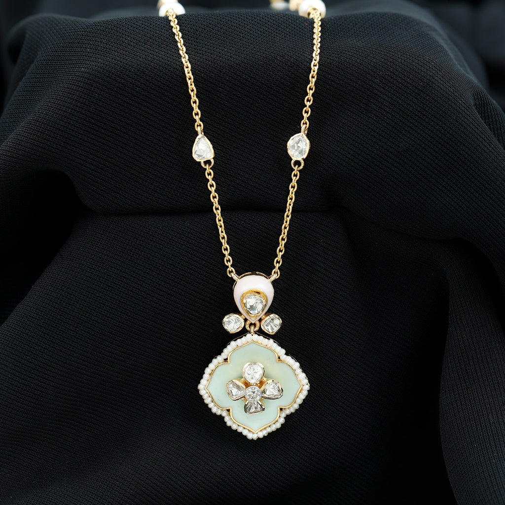 Vintage Style Polki Diamond Flower Pendant Necklace with Enamel - Rosec Jewels