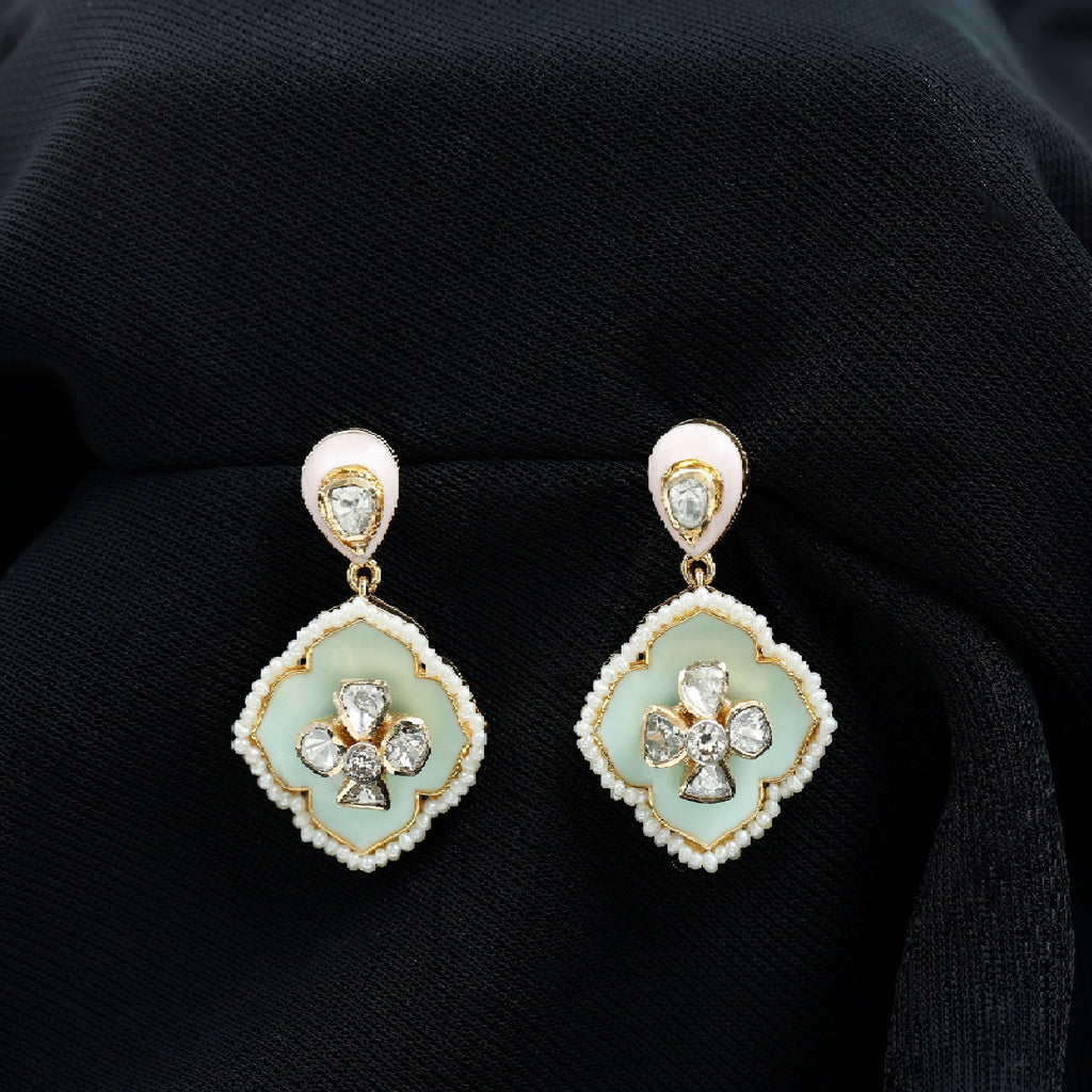 Flower Drop Earrings with Polki Diamond and Enamel - Rosec Jewels
