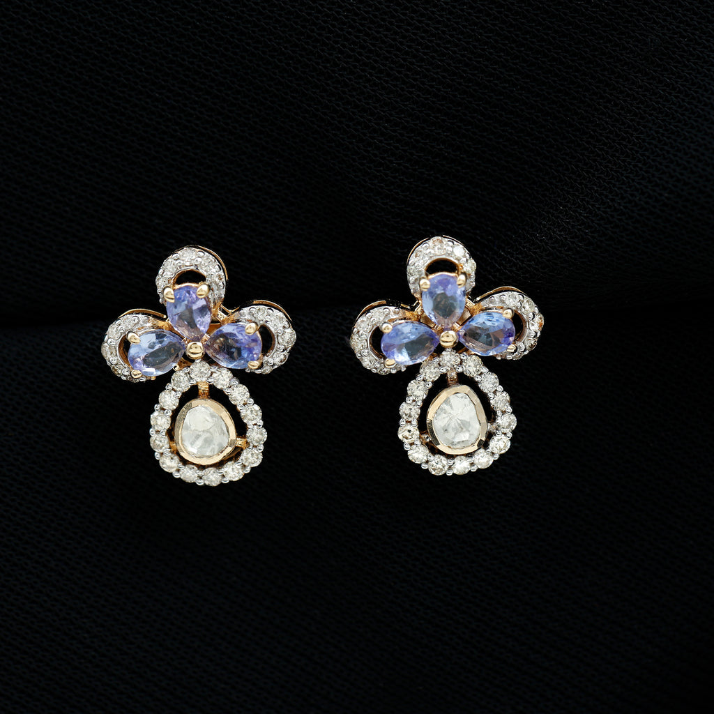 Floral Stud Earrings with Polki Diamond and Pear Cut Tanzanite, 14K Yellow Gold - Rosec Jewels
