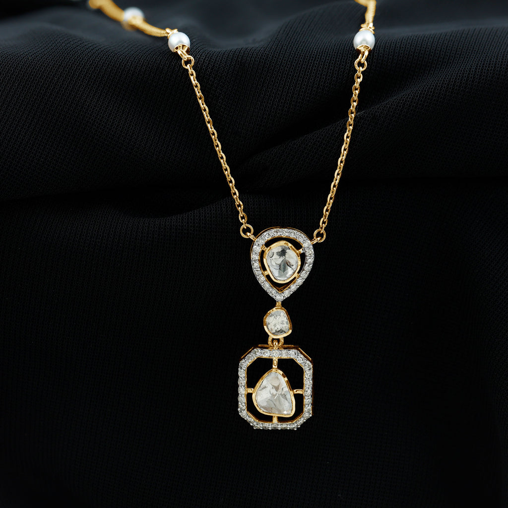 Uncut Diamond and Brillant Cut Diamond Dangle Necklace with Freshwater Pearls - Rosec Jewels