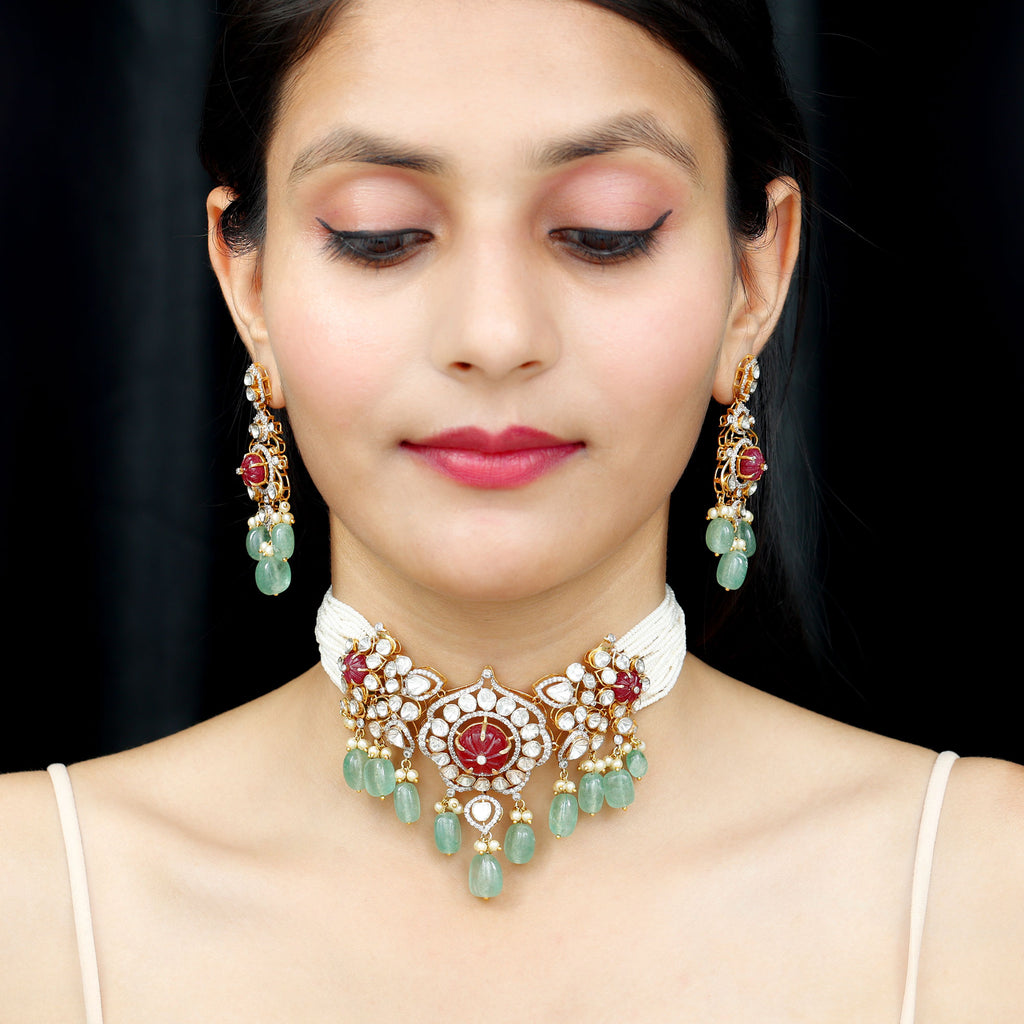 Designer Created Ruby and Polki Diamond Jewelry Set with Created Pearl and Beryl - Rosec Jewels