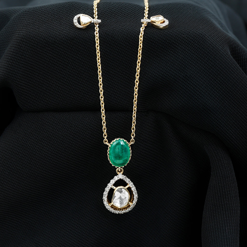 Uncut Diamond and Emerald Drop Pendant Necklace in 18k Gold - Rosec Jewels