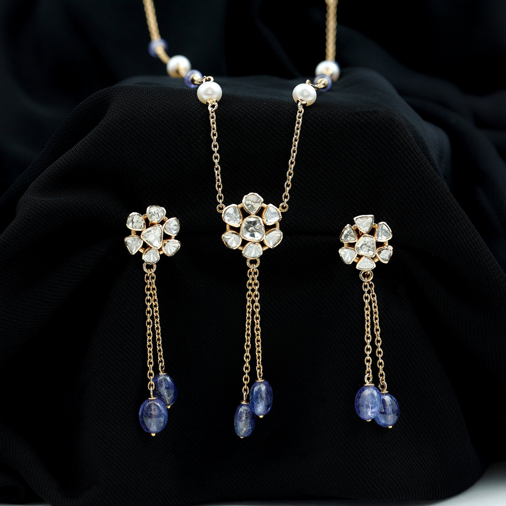 Polki Diamond Flower Jewelry Set with Dangling Tanzanite Beads - Rosec Jewels