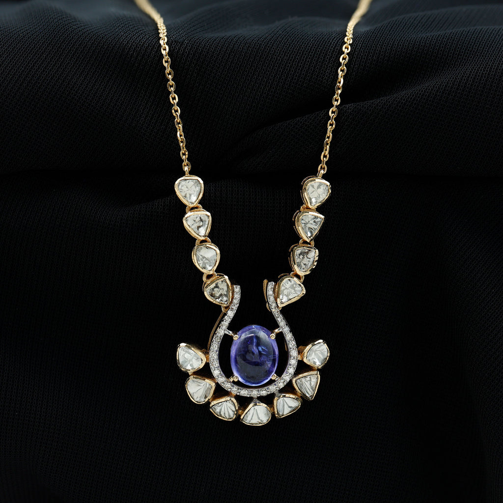 Bridal Drop Necklace with Oval Tanzanite and Polki Diamond - Rosec Jewels