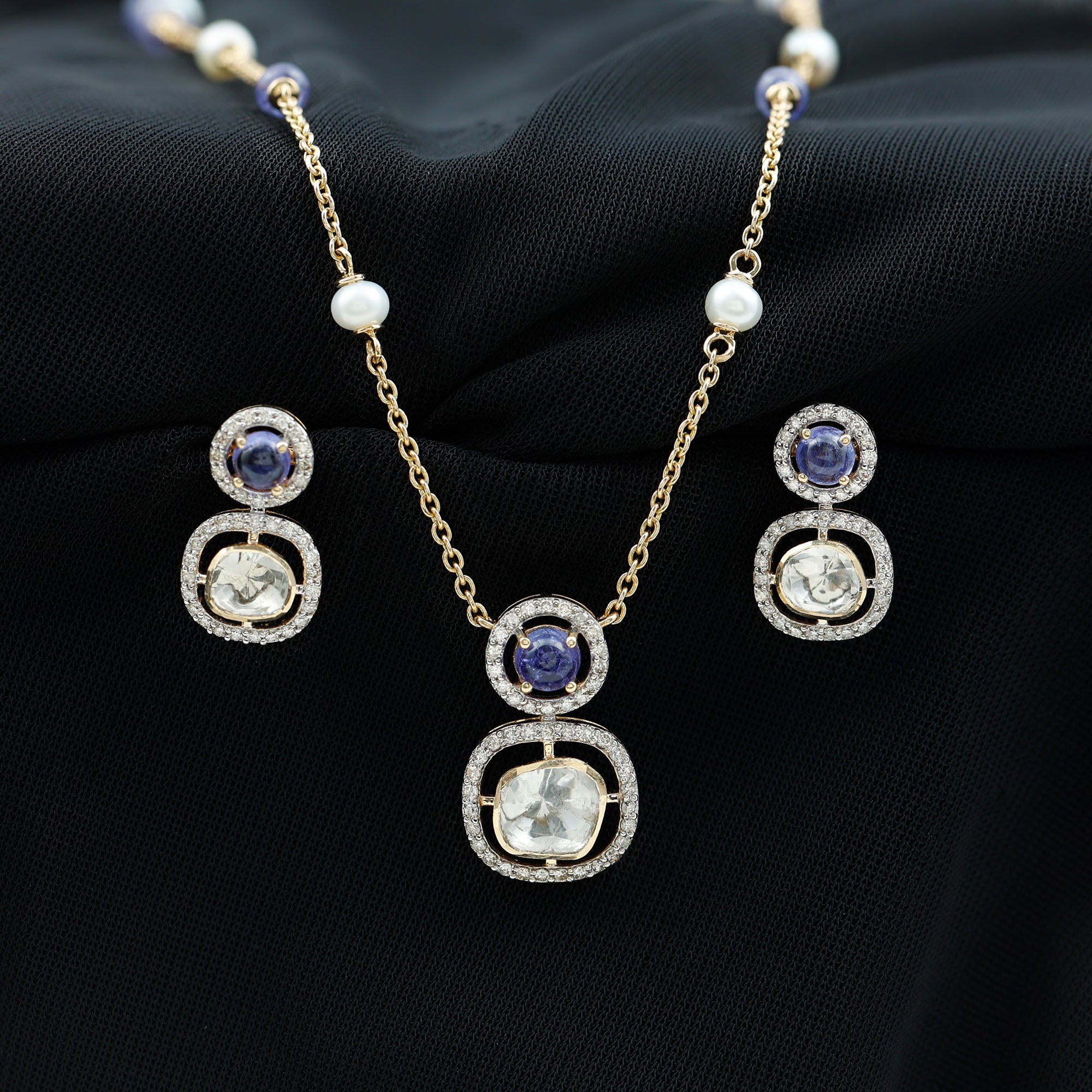 Uncut Diamond and Tanzanite Halo Necklace and Earrings Set - Rosec Jewels