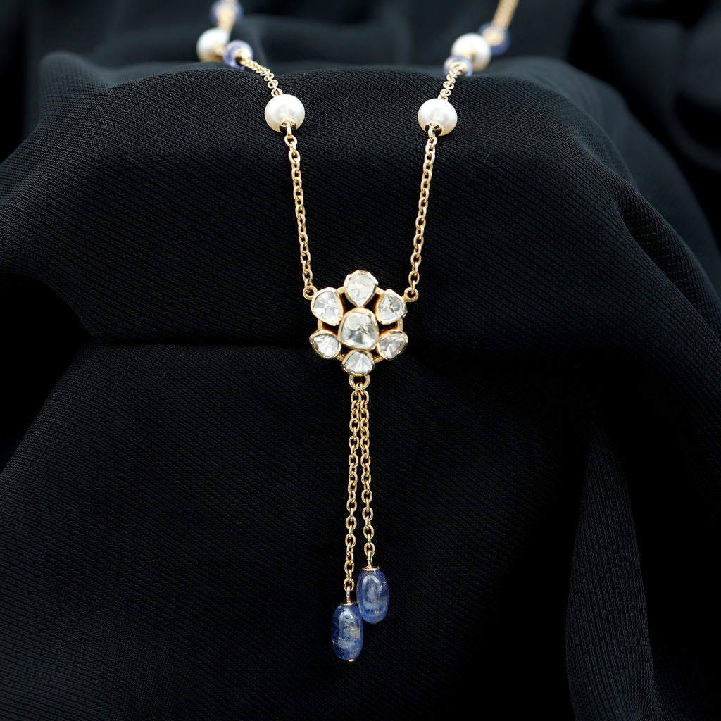 Polki Diamond Flower Dangle Necklace with Tanzanite and Freshwater Pearl - Rosec Jewels
