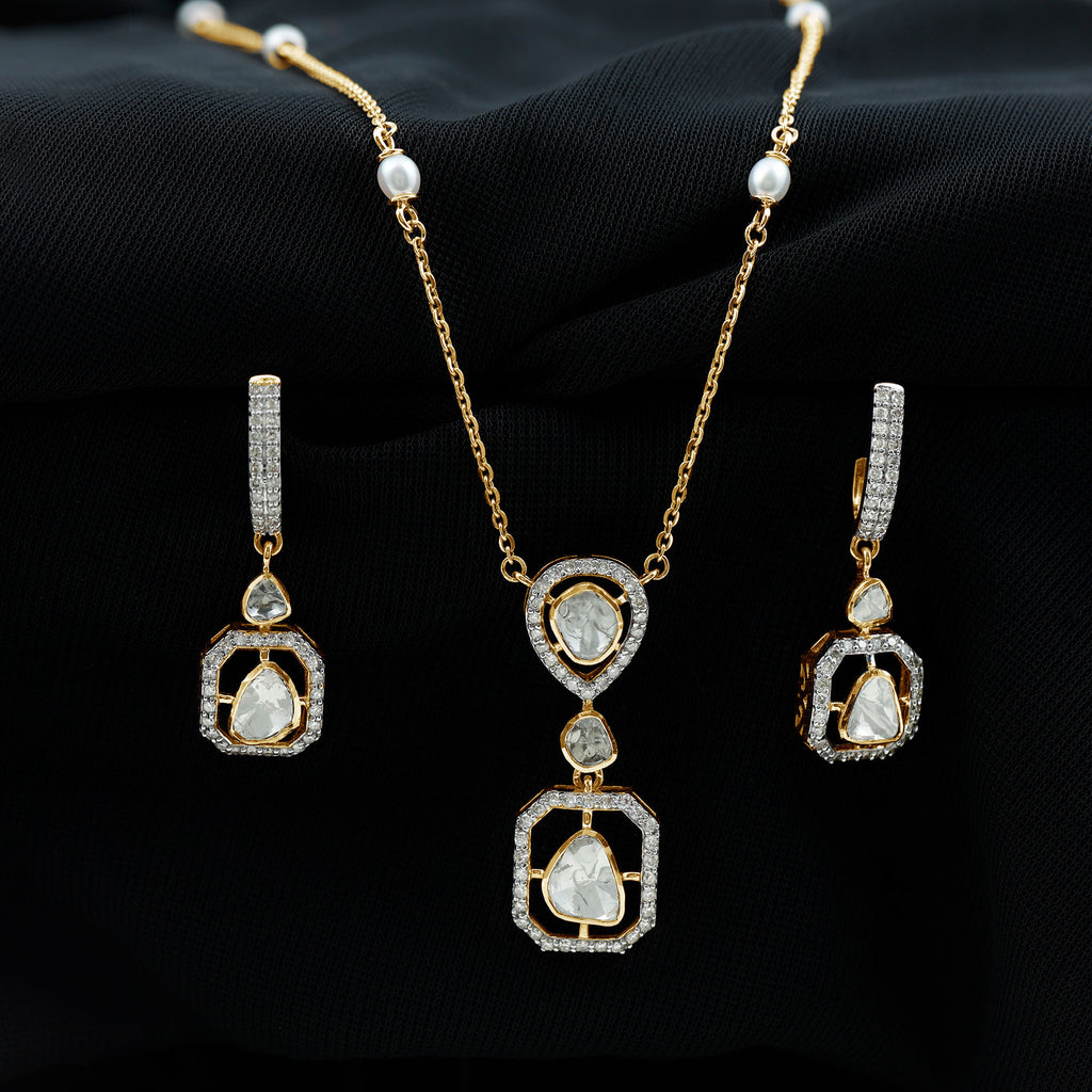 Classic Dangle Jewelry Set with Polki and Real Diamond - Rosec Jewels