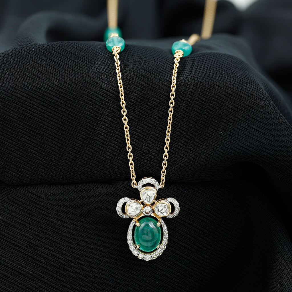 Diamond Polki and Emerald Flower Necklace - Rosec Jewels