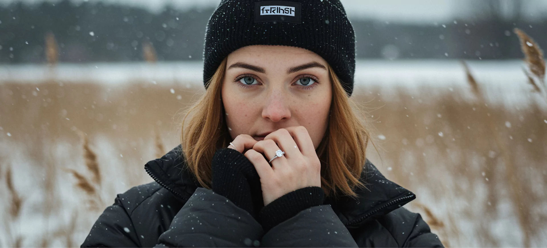  Woman in a black winter jacket and beanie standing in the snow, showcasing a sparkling diamond engagement ring on her hand, with a serene outdoor backdrop.