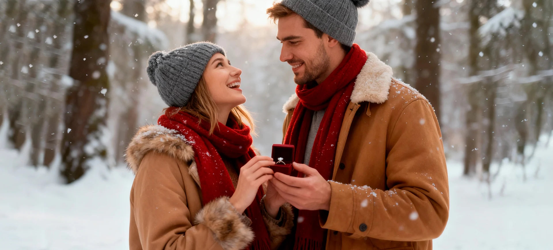  A couple stands in a snowy forest, smiling warmly at each other. The man holds an open ring box, suggesting a proposal.