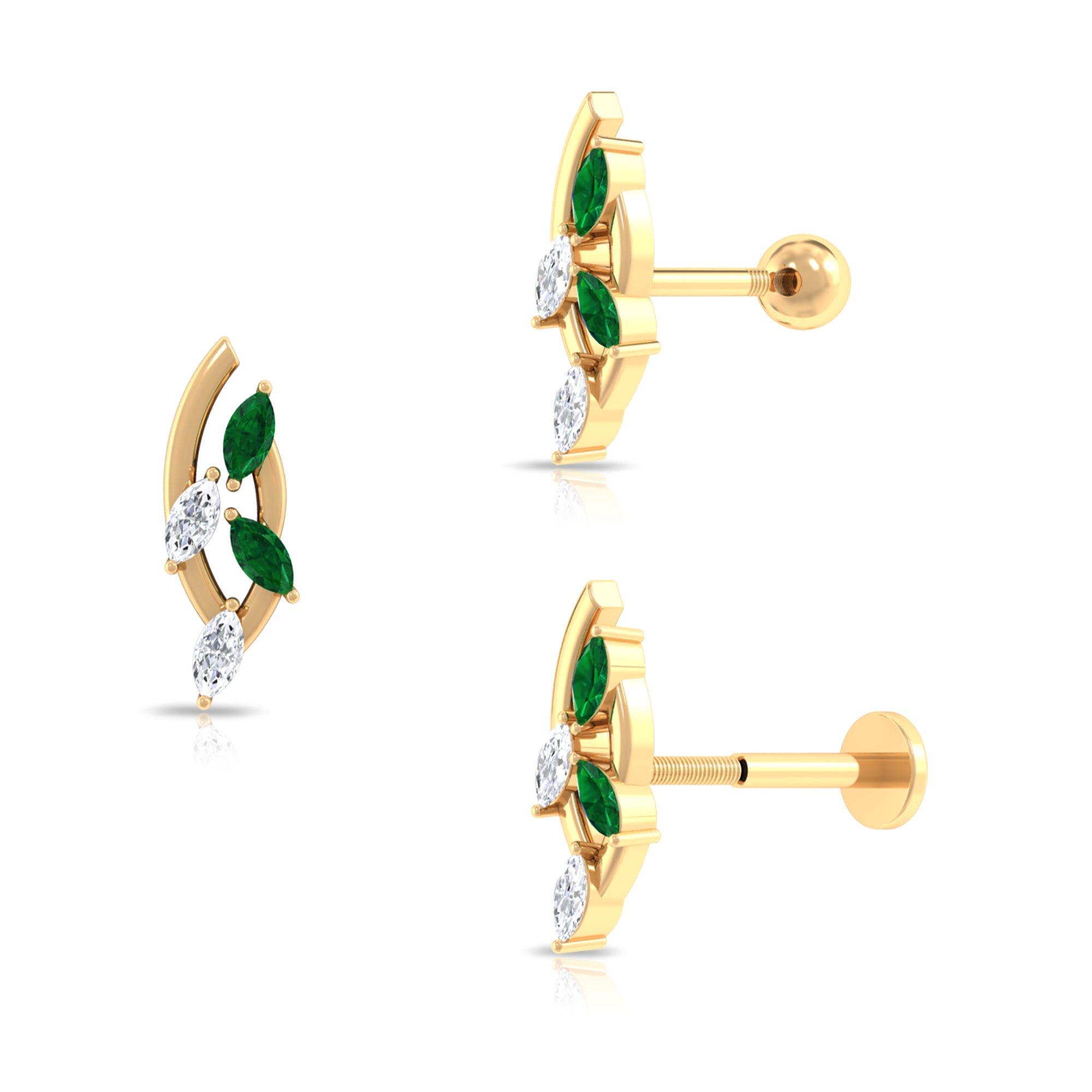 Marquise Emerald and Moissanite Crawler Earring for Helix Piercing Emerald - ( AAA ) - Quality - Rosec Jewels