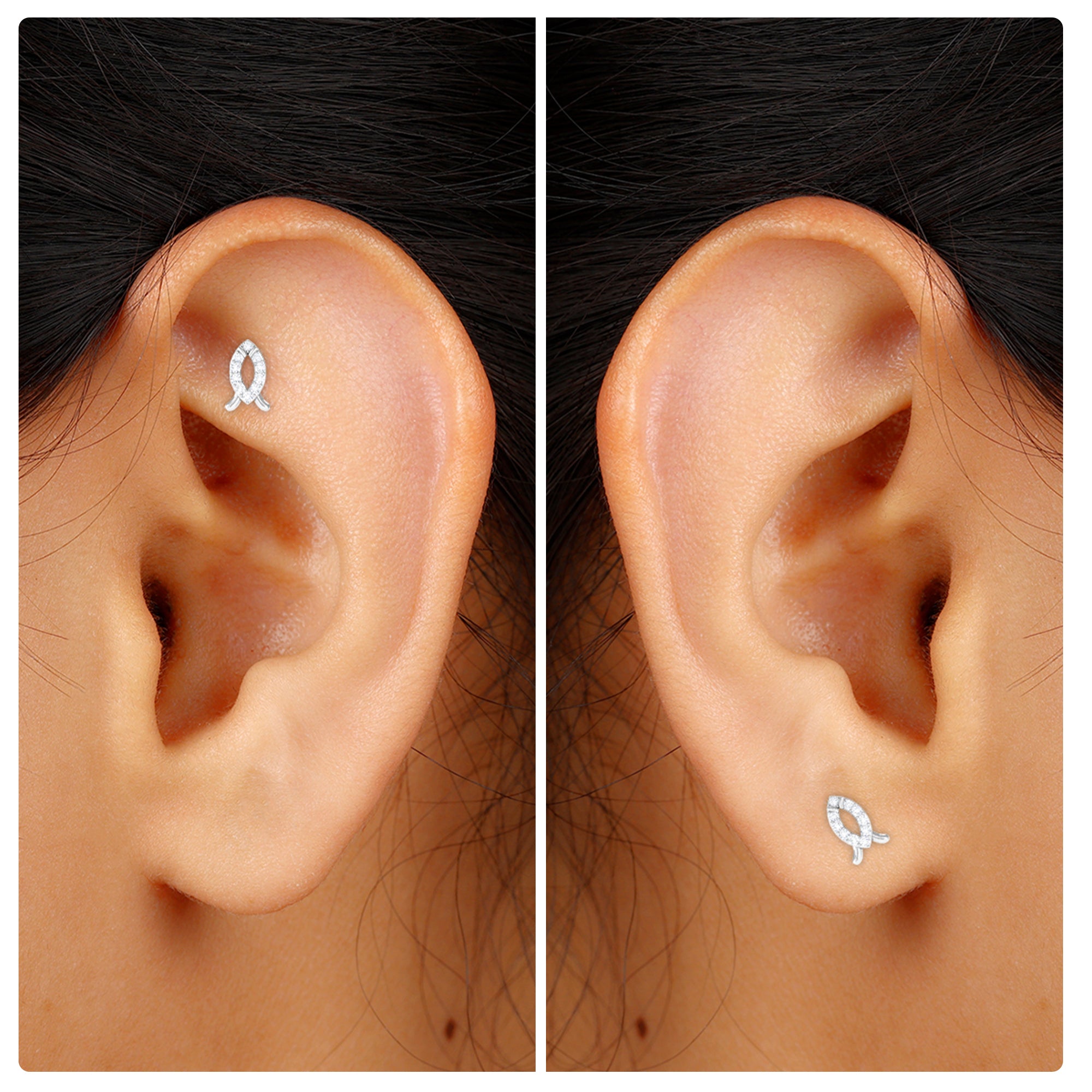Unique Diamond Gold Fish Earring for Tragus Piercing Diamond - ( HI-SI ) - Color and Clarity - Rosec Jewels