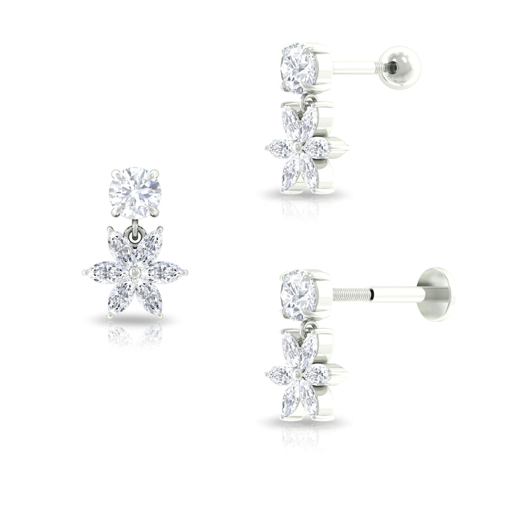 Marquise Moissanite Flower Drop Earring for Helix Piercing Moissanite - ( D-VS1 ) - Color and Clarity - Rosec Jewels