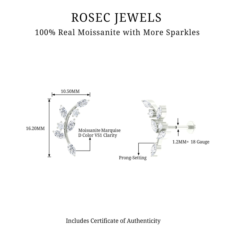Certified Moissanite Leaf Climber Earring for Helix Piercing Moissanite - ( D-VS1 ) - Color and Clarity - Rosec Jewels