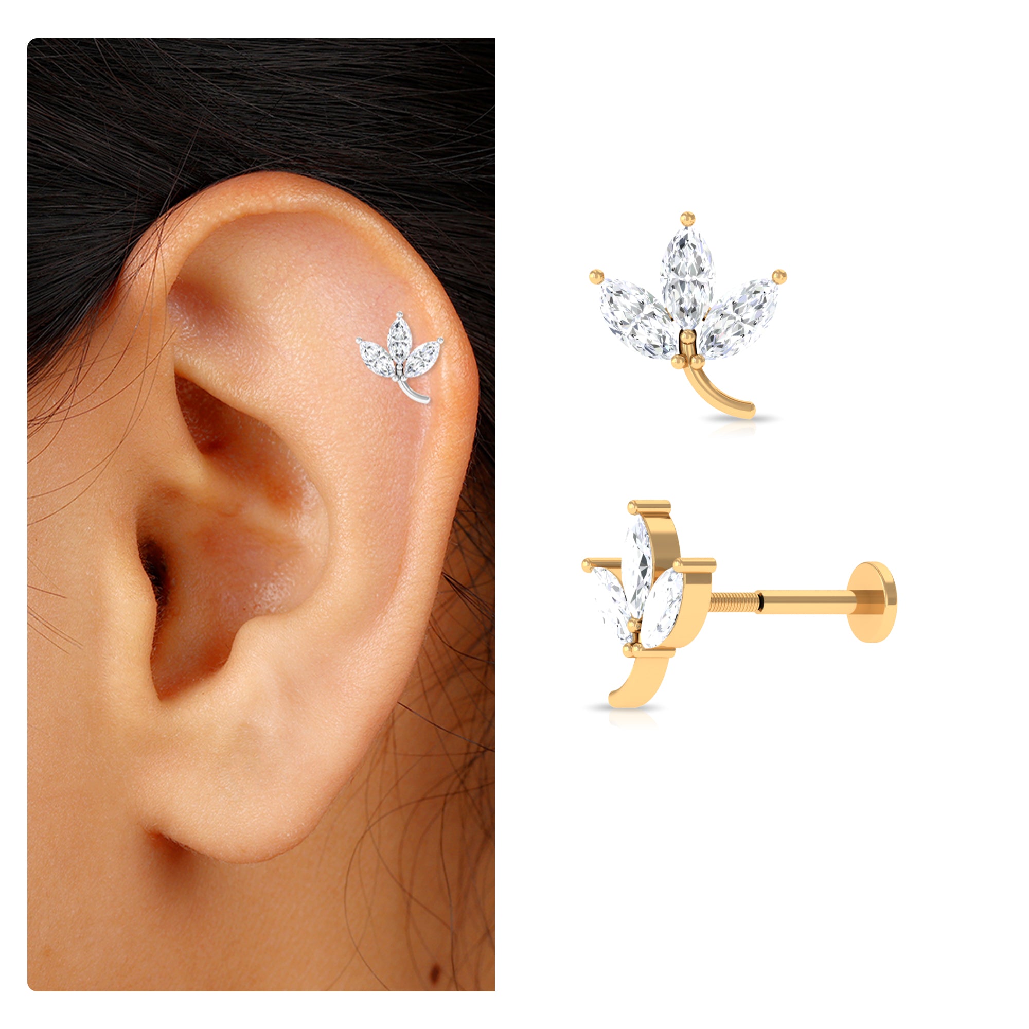 Marquise Moissanite Gold Leaf Earring for Helix Piercing Moissanite - ( D-VS1 ) - Color and Clarity - Rosec Jewels