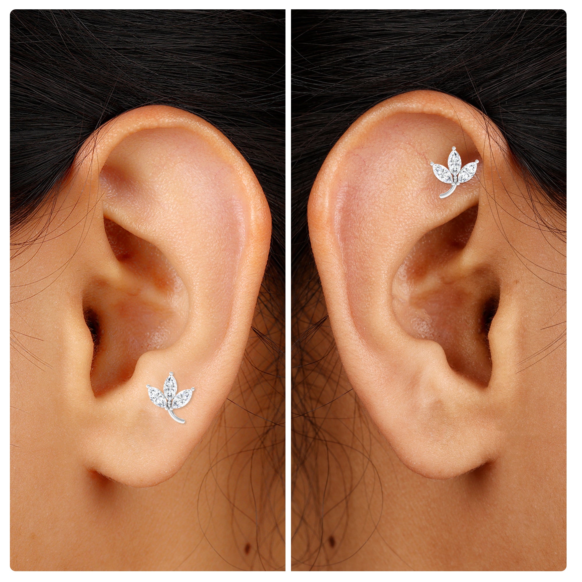 Marquise Moissanite Gold Leaf Earring for Helix Piercing Moissanite - ( D-VS1 ) - Color and Clarity - Rosec Jewels