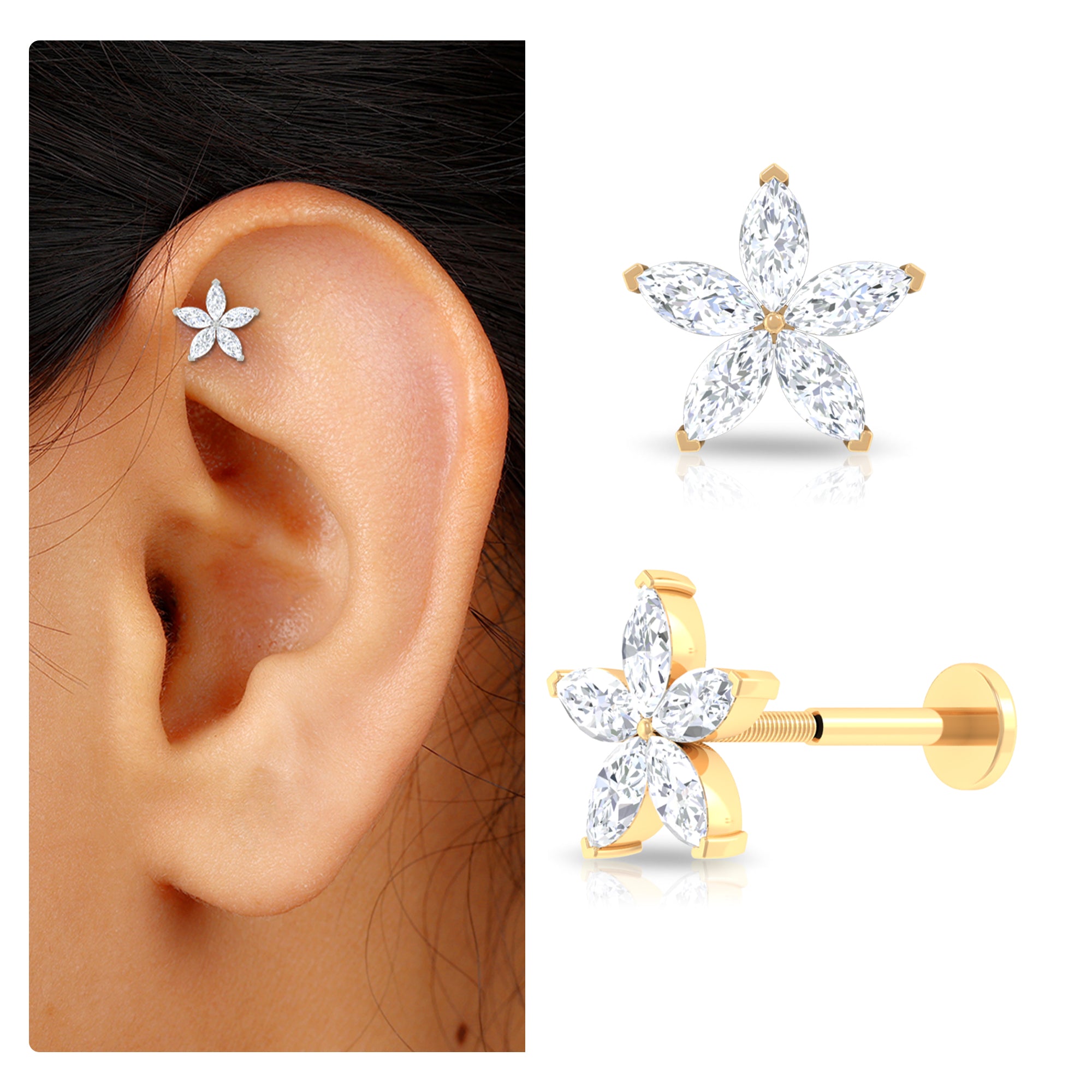 Marquise Moissanite Flower Cartilage Earring in Gold Moissanite - ( D-VS1 ) - Color and Clarity - Rosec Jewels