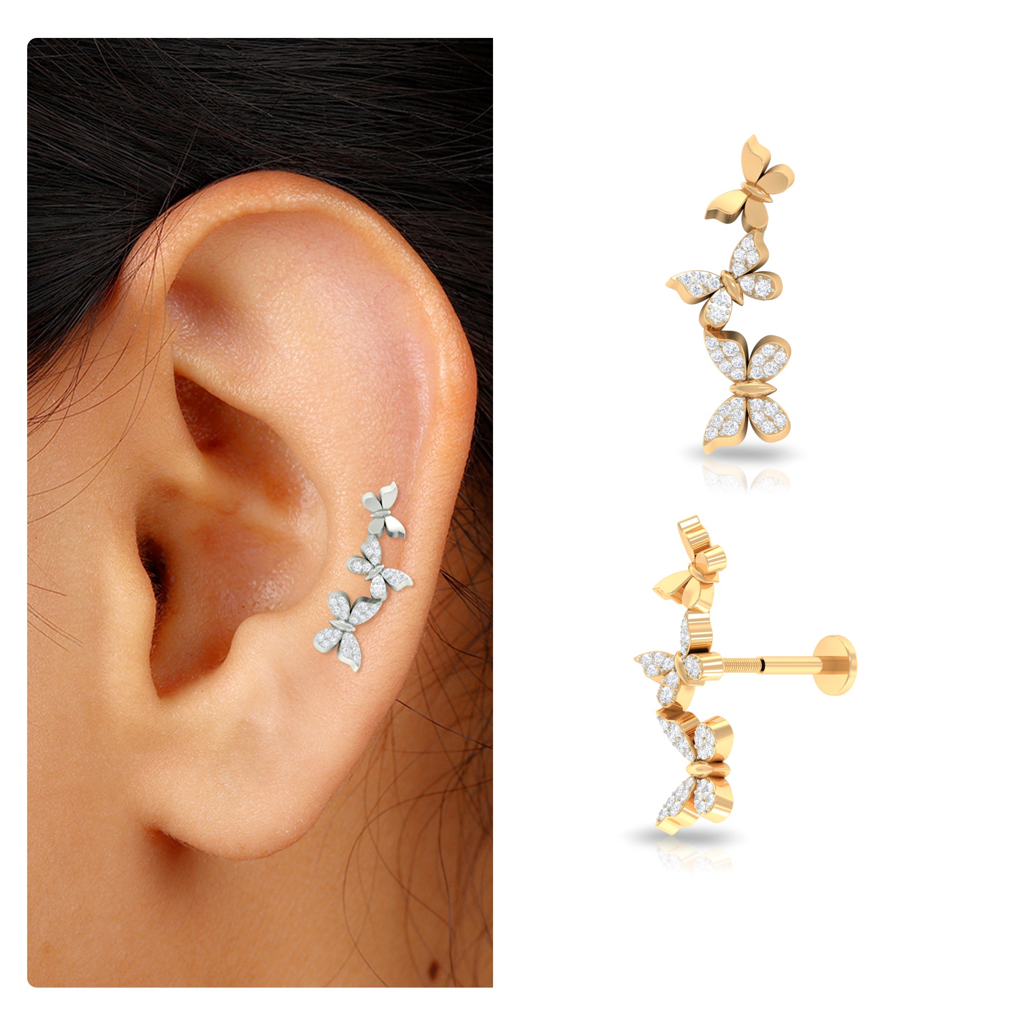 Certified Moissanite Butterfly Climber Earring in Gold Moissanite - ( D-VS1 ) - Color and Clarity - Rosec Jewels