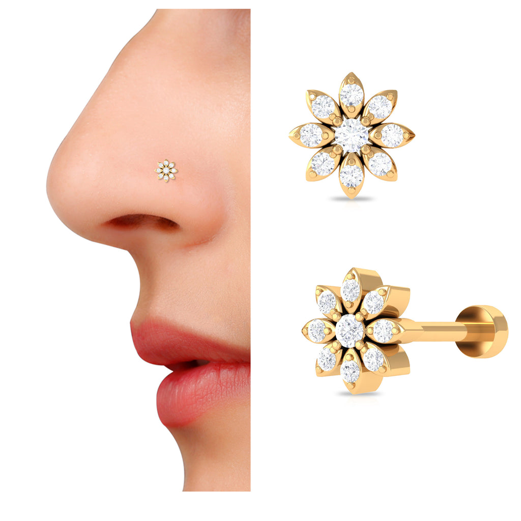 Round Cut Genuine Diamond Flower Nose Pin in Gold Diamond - ( HI-SI ) - Color and Clarity - Rosec Jewels