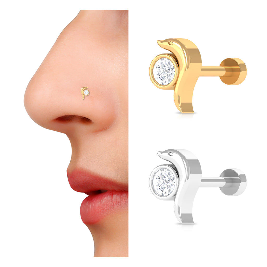 Bezel Set Round Shape Dainty Diamond Dolphin Nose Pin Diamond - ( HI-SI ) - Color and Clarity - Rosec Jewels