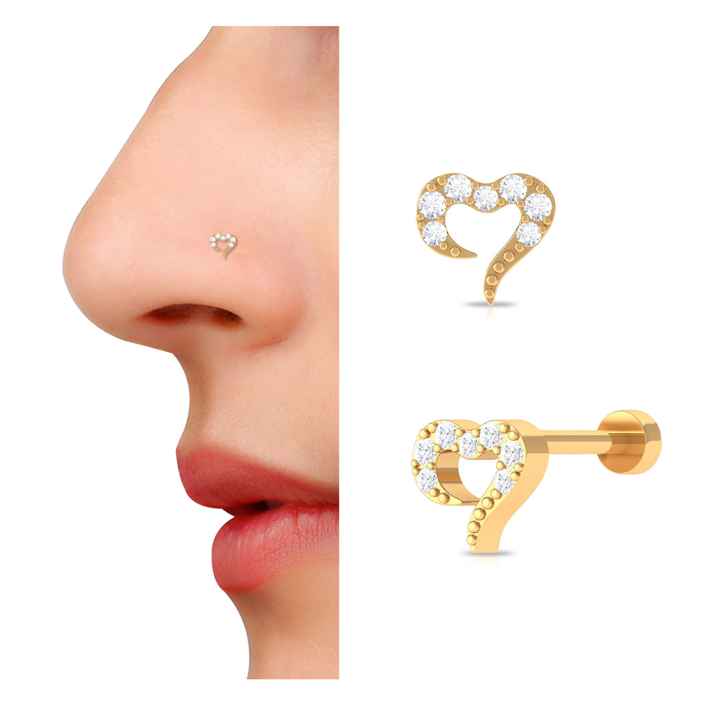 Round Shape Natural Diamond Heart Nose Pin Diamond - ( HI-SI ) - Color and Clarity - Rosec Jewels