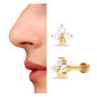 Natural Diamond 3 Stone Flower Nose Pin in Gold Diamond - ( HI-SI ) - Color and Clarity - Rosec Jewels