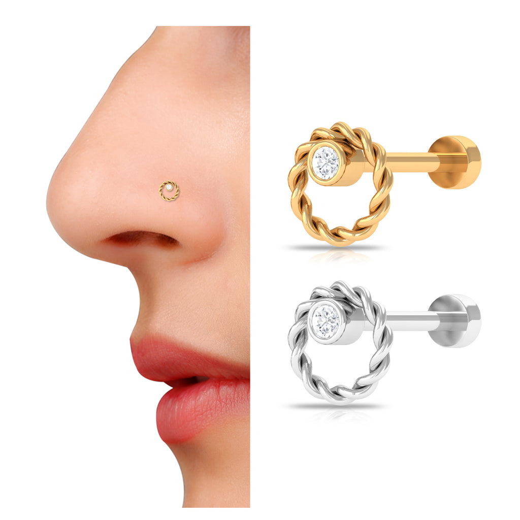 Bezel Set Round Diamond Nose Pin with Gold Twisted Rope Diamond - ( HI-SI ) - Color and Clarity - Rosec Jewels
