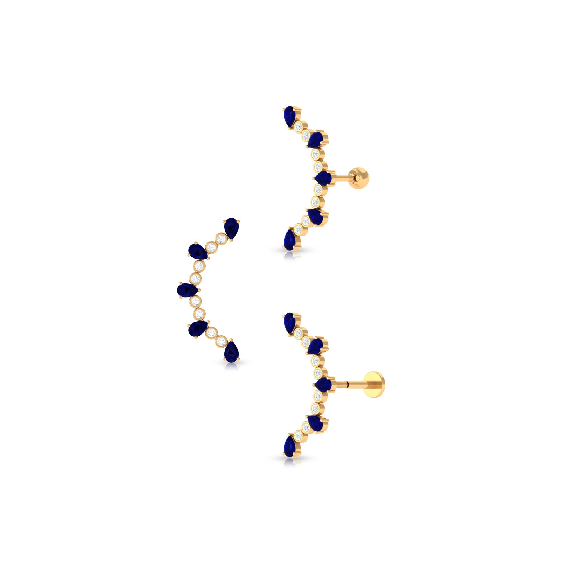 Blue Sapphire and Moissanite Curved Crawler Earring Blue Sapphire - ( AAA ) - Quality - Rosec Jewels