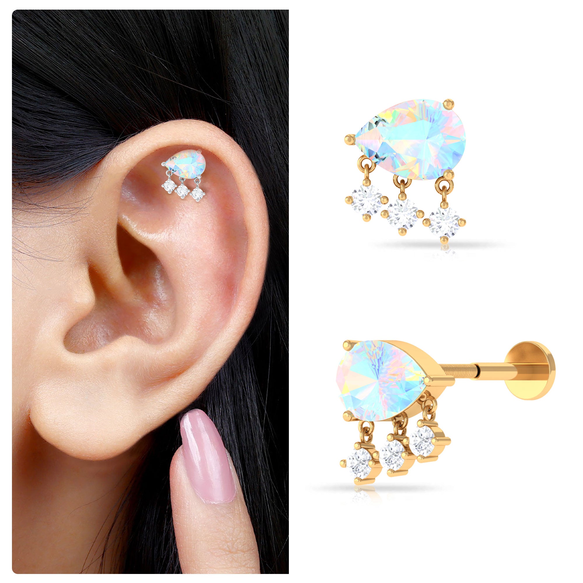 Ethiopian Opal and Moissanite Dangle Helix Earring Ethiopian Opal - ( AAA ) - Quality - Rosec Jewels