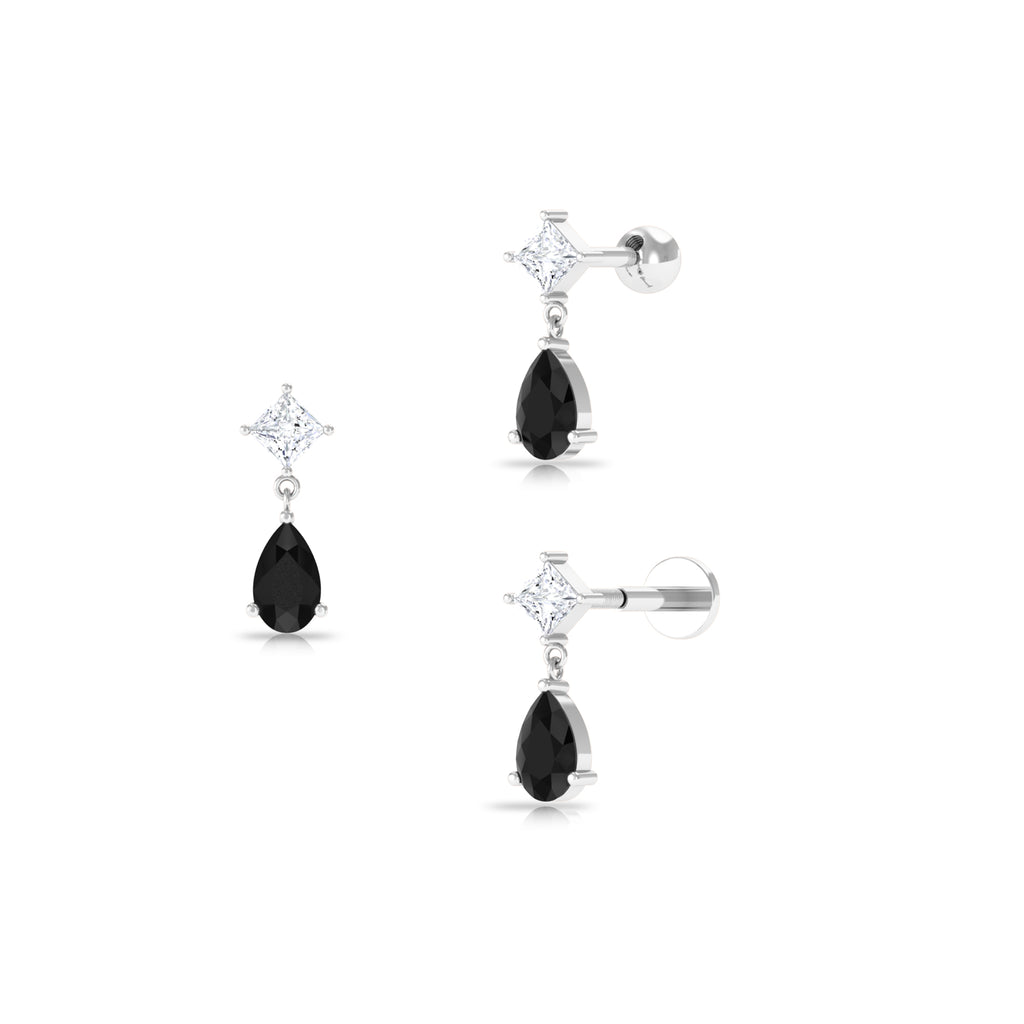 Pear Shape Black Onyx Dangling Helix Earring with Moissanite Black Onyx - ( AAA ) - Quality - Rosec Jewels