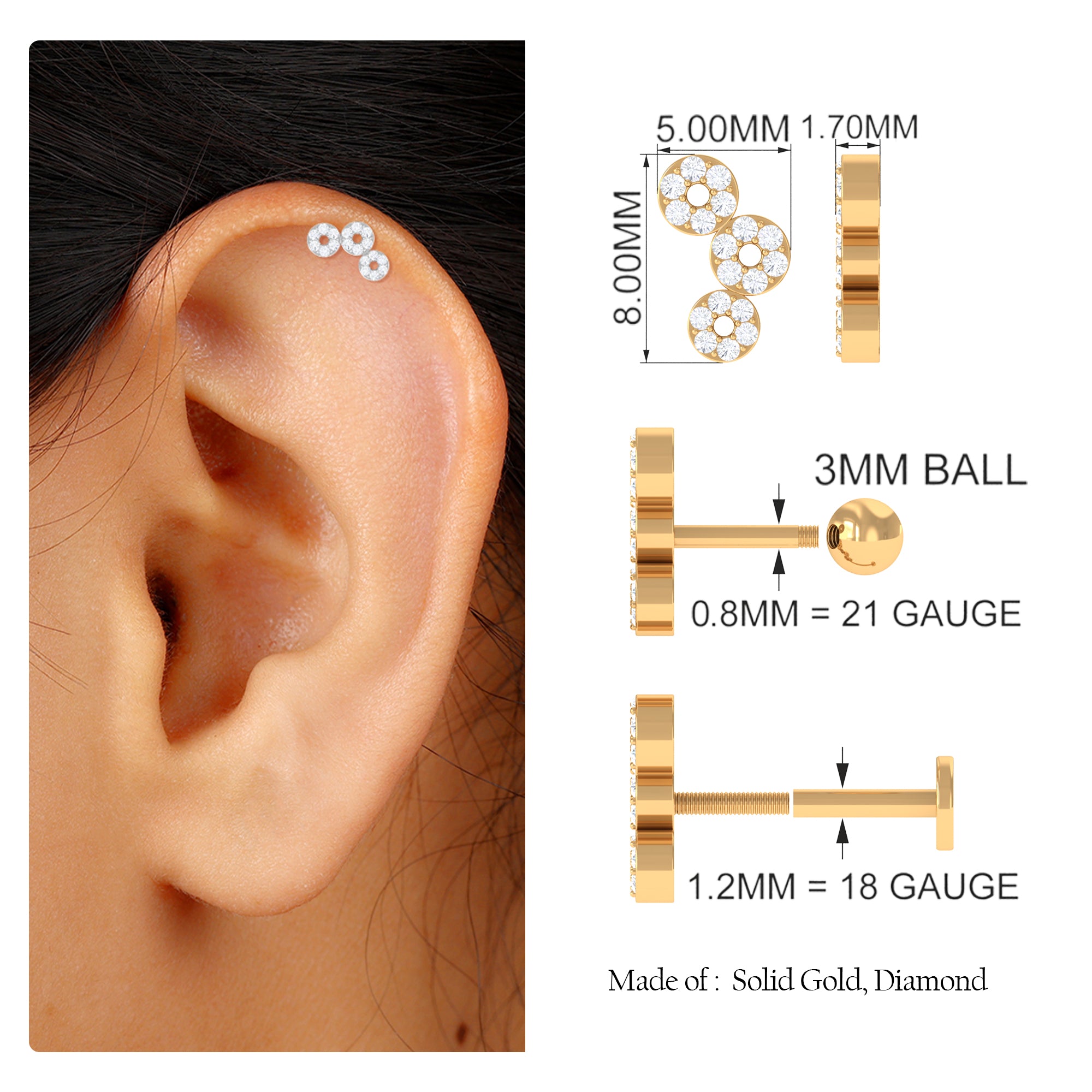 Moissanite Circle Curved Cartilage Earring in Gold Moissanite - ( D-VS1 ) - Color and Clarity - Rosec Jewels