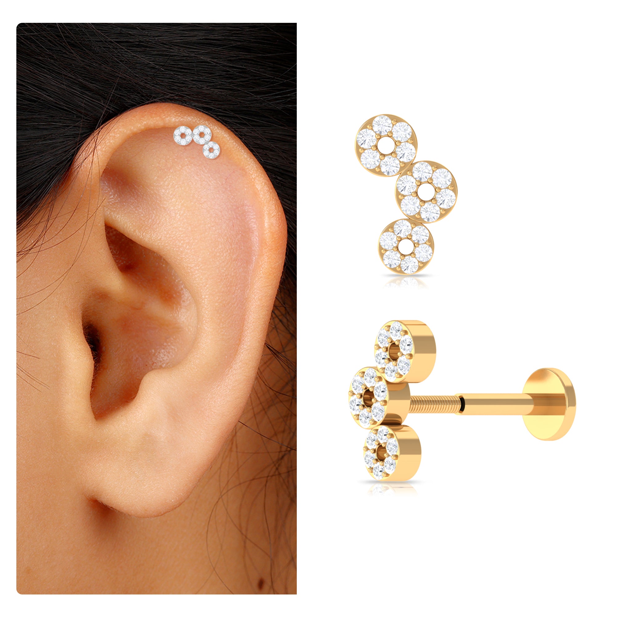 Moissanite Circle Curved Cartilage Earring in Gold Moissanite - ( D-VS1 ) - Color and Clarity - Rosec Jewels