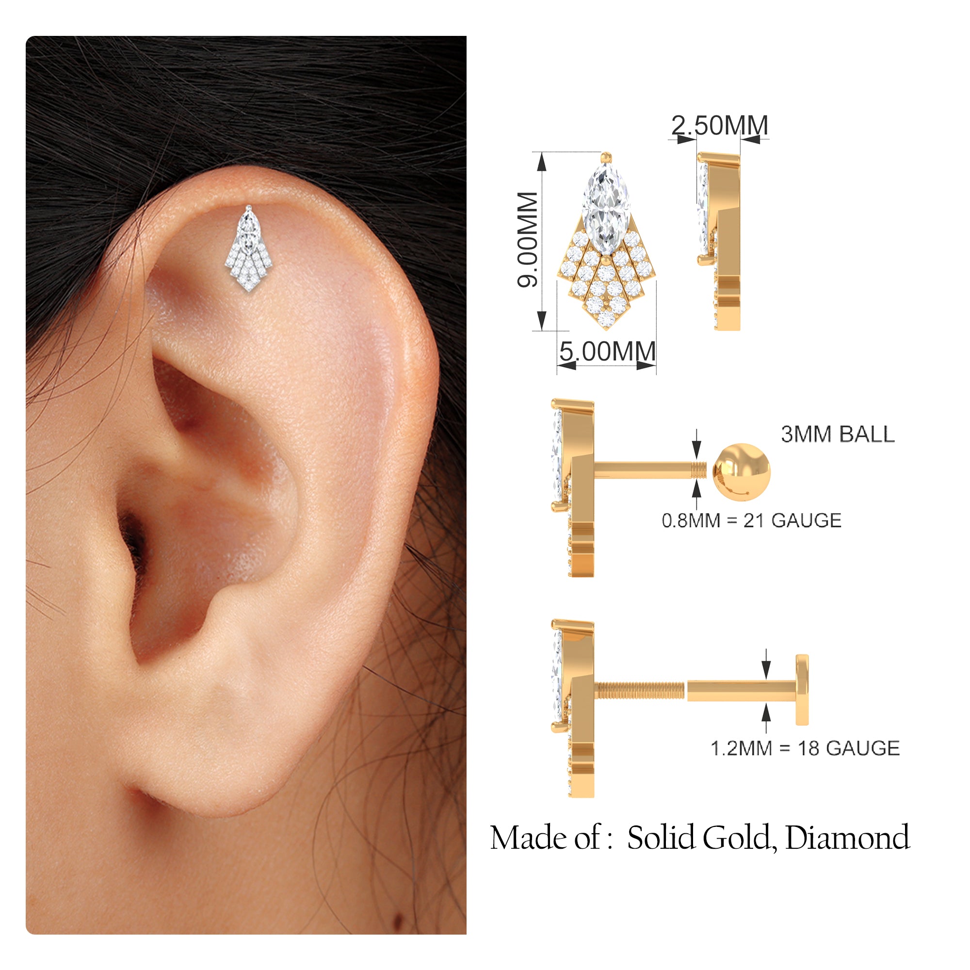Marquise Moissanite Gothic Earring for Cartilage Piercing Moissanite - ( D-VS1 ) - Color and Clarity - Rosec Jewels