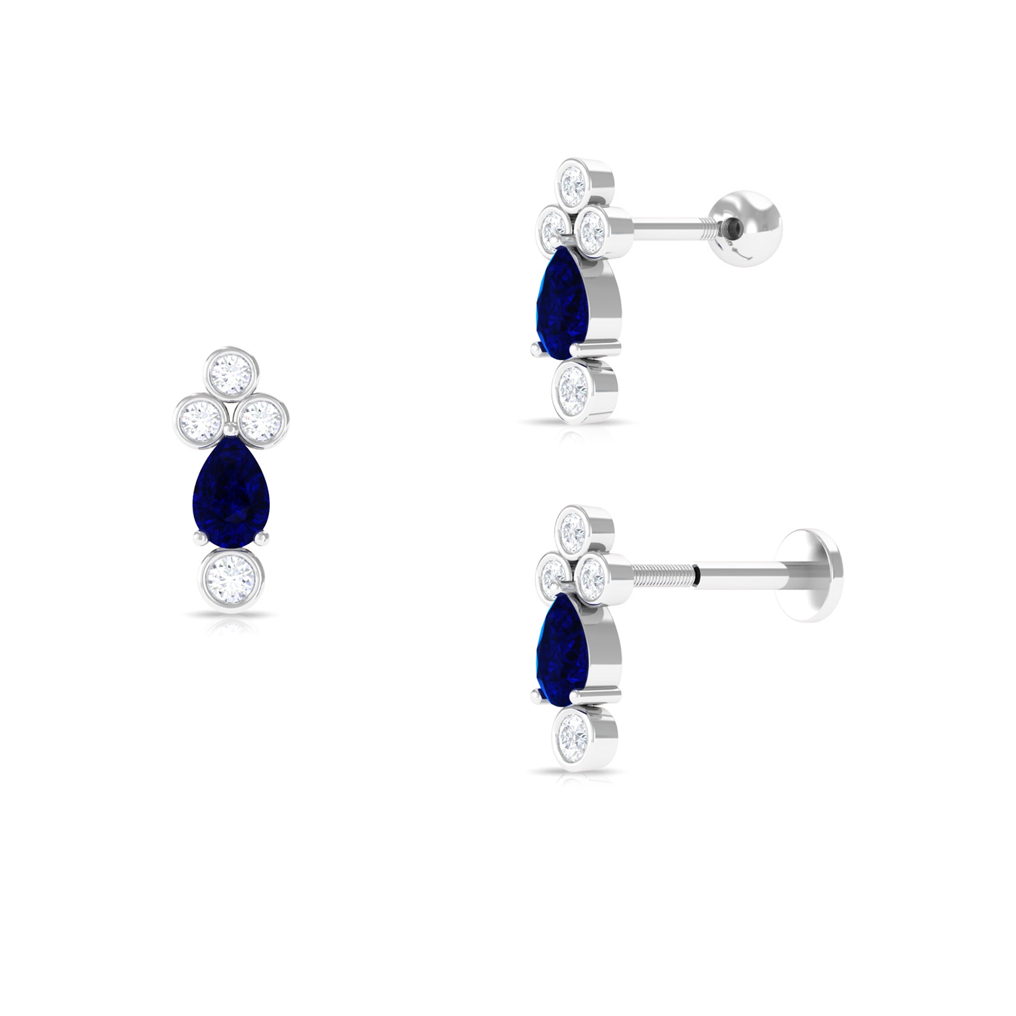 Pear Shape Blue Sapphire Helix Earring with Moissanite Blue Sapphire - ( AAA ) - Quality - Rosec Jewels