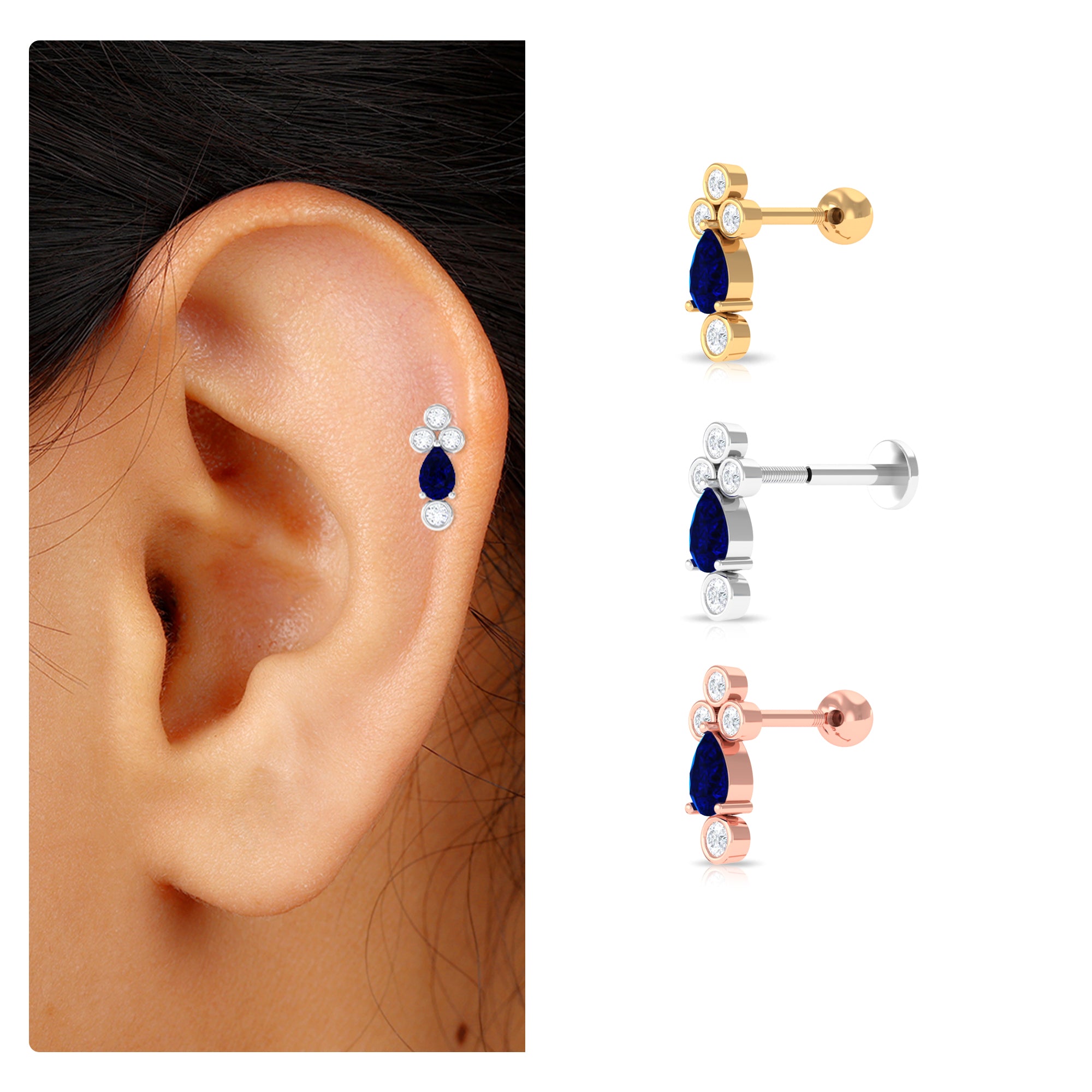 Pear Shape Blue Sapphire Helix Earring with Moissanite Blue Sapphire - ( AAA ) - Quality - Rosec Jewels