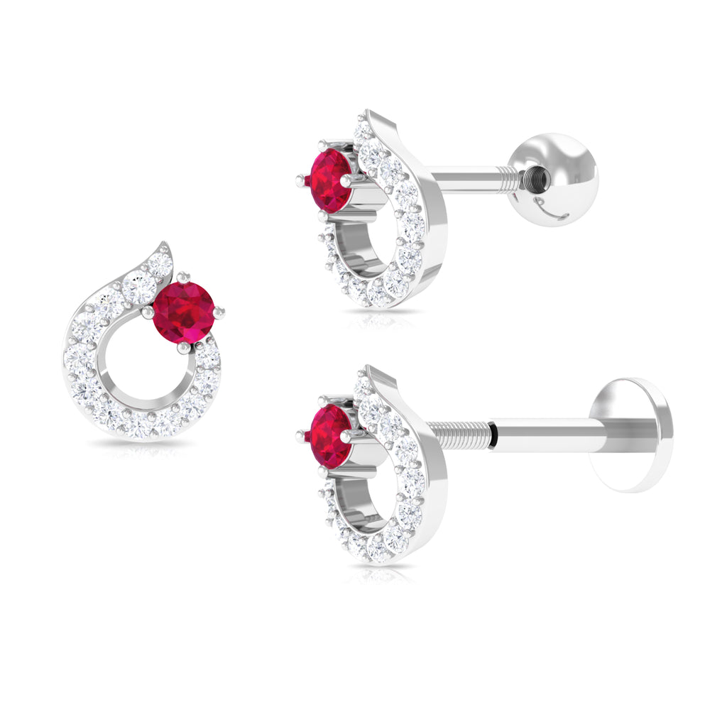 Round Ruby and Moissanite Unique Helix Earring Ruby - ( AAA ) - Quality - Rosec Jewels