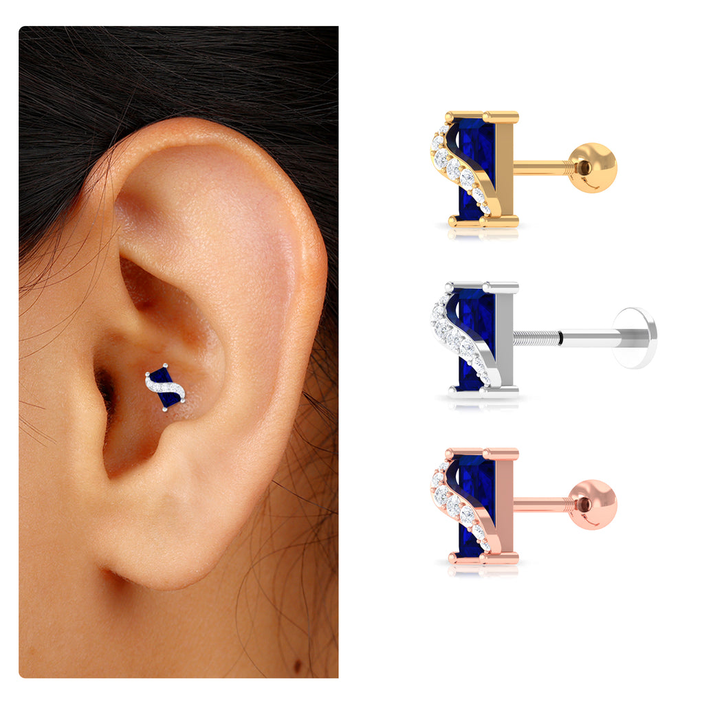 Baguette Cut Blue Sapphire Helix Earring with Moissanite Blue Sapphire - ( AAA ) - Quality - Rosec Jewels